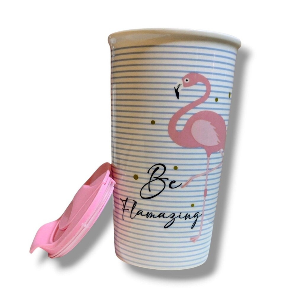 Pink Flamingo Ceramic Travel Mug with Lid “Be Flamazing” New 16oz